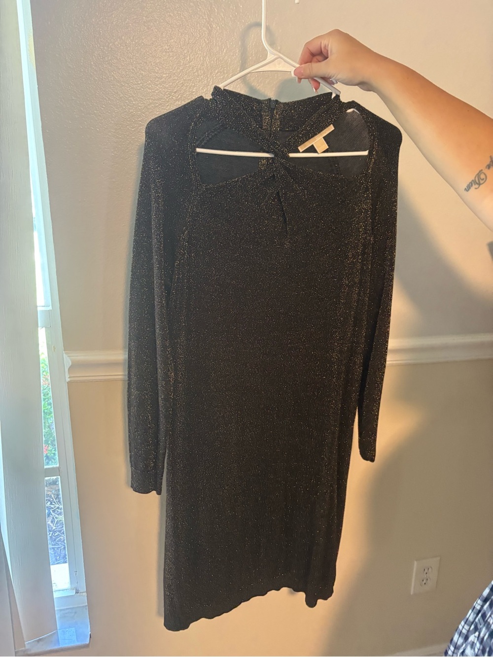 Michael Kors Black Metallic Long Sleeve Knit Dress with Keyhole Tie